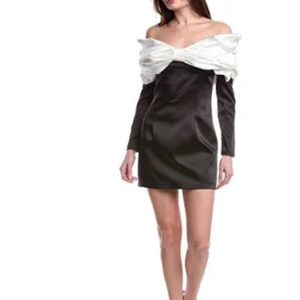 Gigii’s Lavinia off shoulder bow mini dress black white long sleeve s